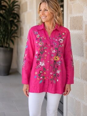 John Mark Women's Hot Pink Embroidered Button-Front Top